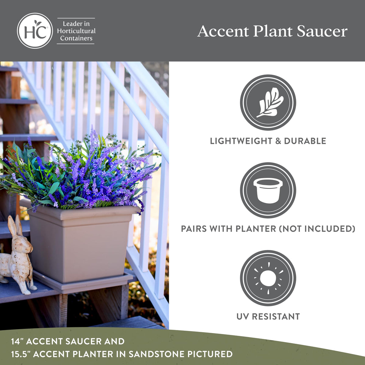 The HC Companies UV-resistant plastic saucer resists sun exposure for outdoor longevity.