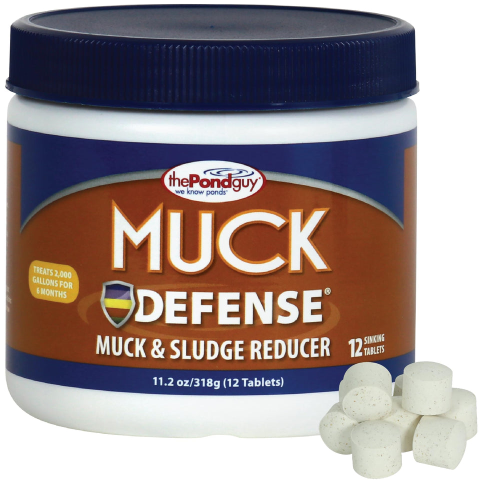 The Pond Guy Muck Defense tablets dissolving to digest bottom muck and improve pond clarity.