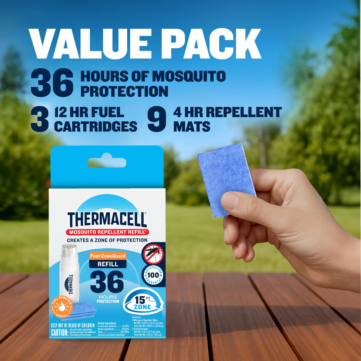 Thermacell 12-hour fuel cartridge for cordless outdoor protection.