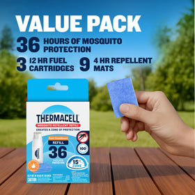 Thermacell 12-hour fuel cartridge for cordless outdoor protection.