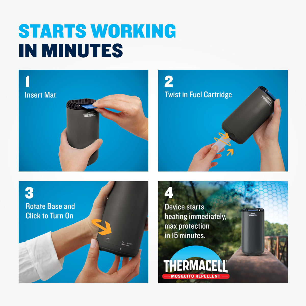 Thermacell backyard setup provides 15-foot mosquito protection for outdoor meals.