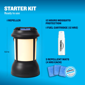 Backyard dining setup with Thermacell Lantern at dusk.