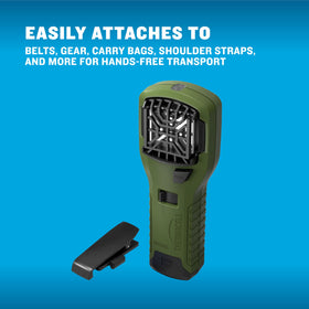 Thermacell clip-on belt gear setup keeps repeller within reach during activities.