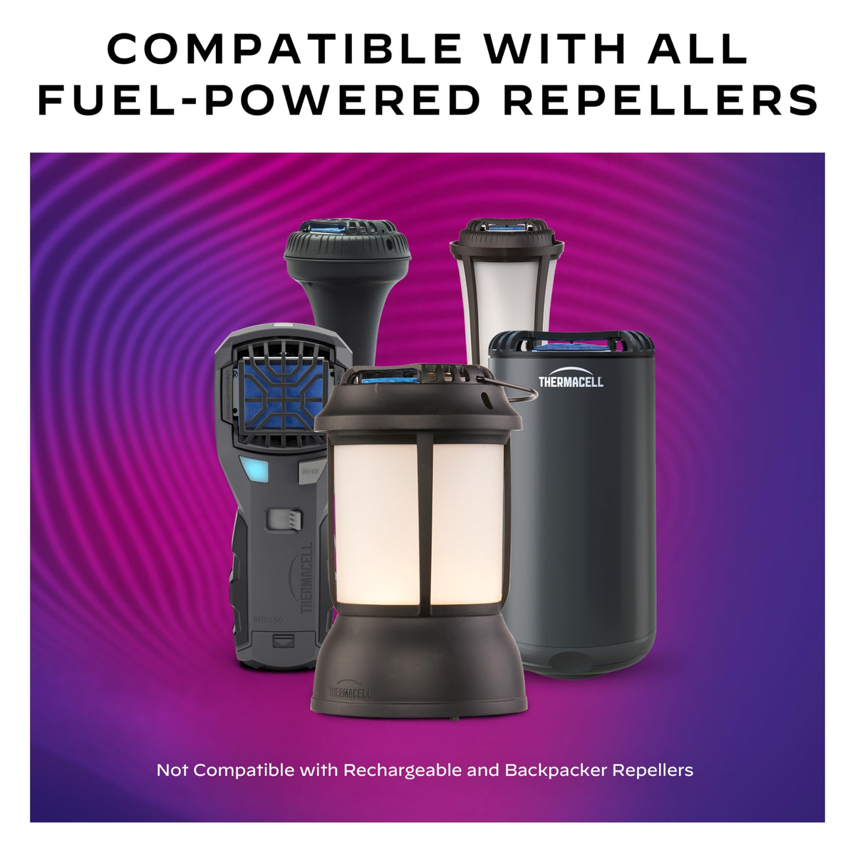 Thermacell compatibility with most fuel-powered devices excluding Backpacker models.
