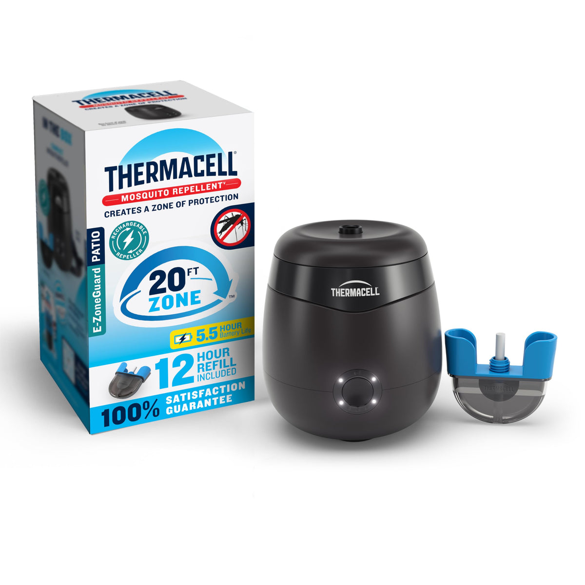 Thermacell E55 E-Series mosquito repeller in a backyard, delivering a 20-foot protection zone.
