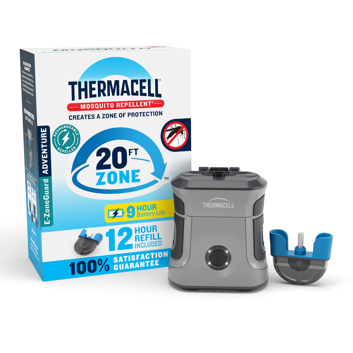 Thermacell EX90 rechargeable battery powering up to nine hours of outdoor protection.