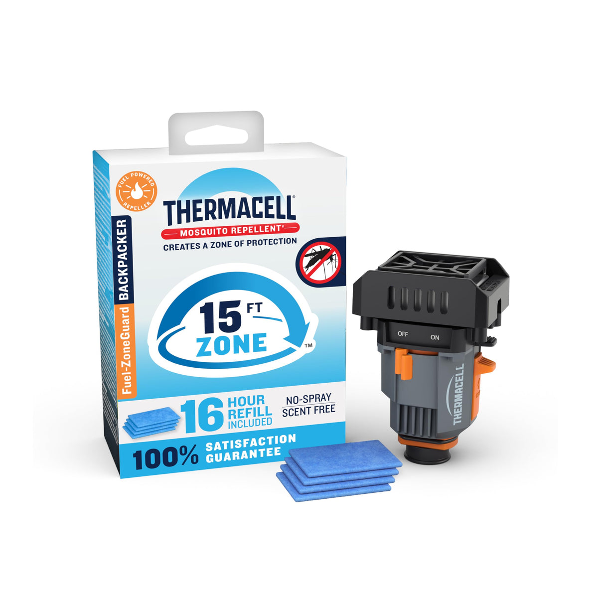 Thermacell Fuel-ZoneGuard Backpacker repeller mounted on a backpack providing a 15-foot mosquito protection.
