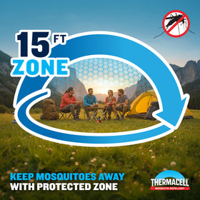 Thermacell Backpacker setup beside a travel bag demonstrates easy outdoor protection.