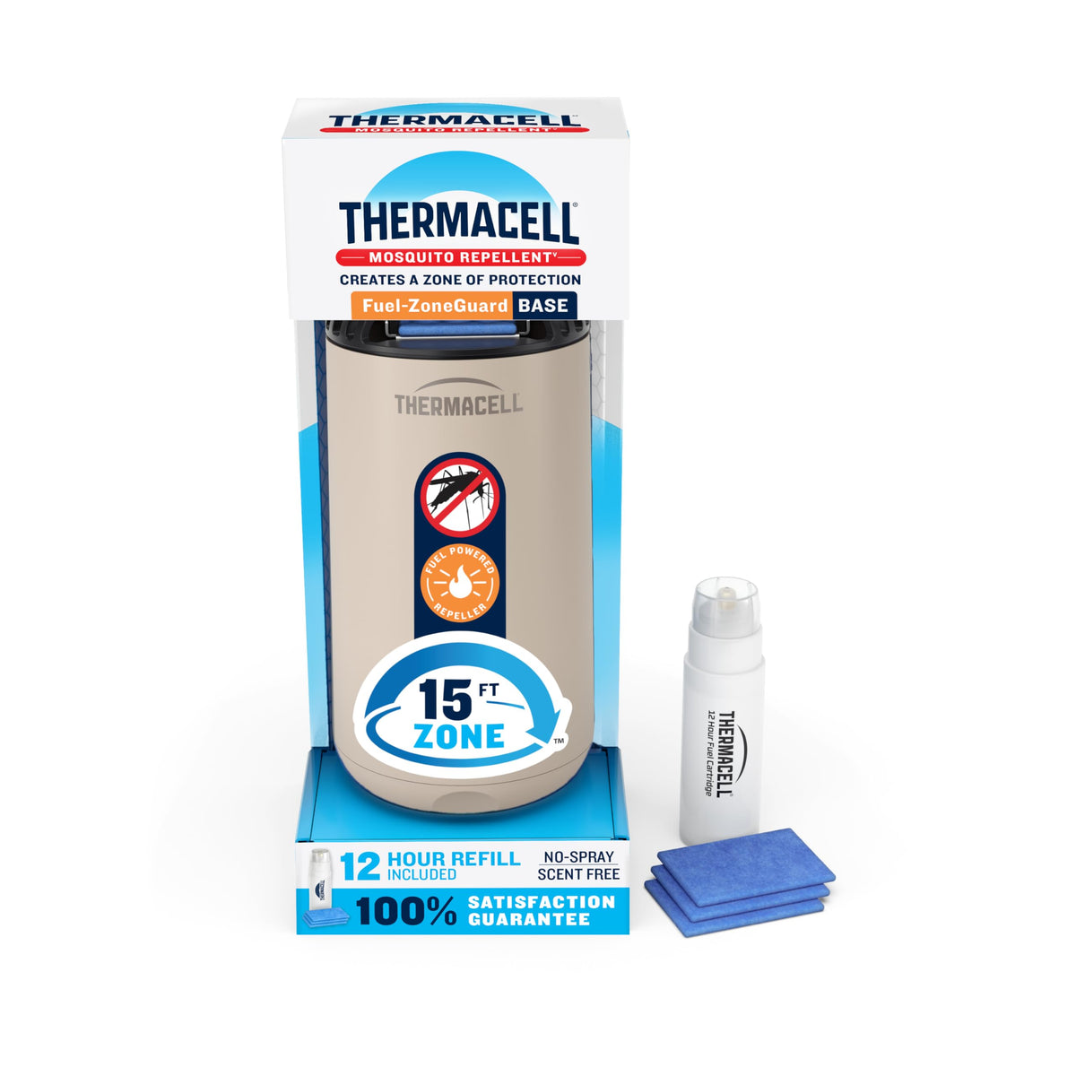 Thermacell Mosquito Repeller Patio Shield device creates a 15ft protection zone for outdoors.