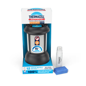 Thermacell Patio Shield Lantern on table provides scent-free protection.