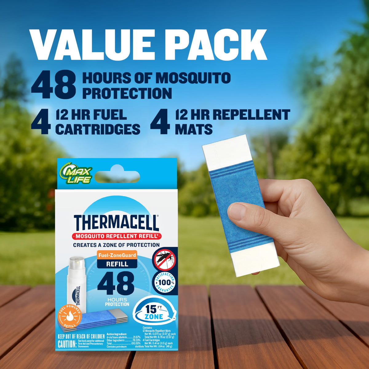 Thermacell refill pack includes four 12-hour mats and four 12-hour cartridges.