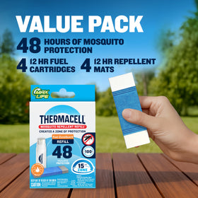 Thermacell refill pack includes four 12-hour mats and four 12-hour cartridges.