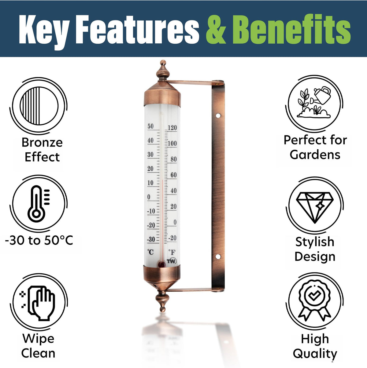 Thermometer World 9.5-inch decorative thermometer enhances a patio space.