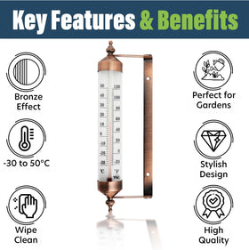 Thermometer World 9.5-inch decorative thermometer enhances a patio space.