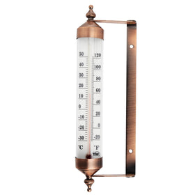 Thermometer World bronze outdoor thermometer on wall for precise garden readings.