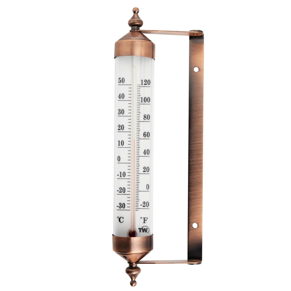 Thermometer World bronze outdoor thermometer on wall for precise garden readings.