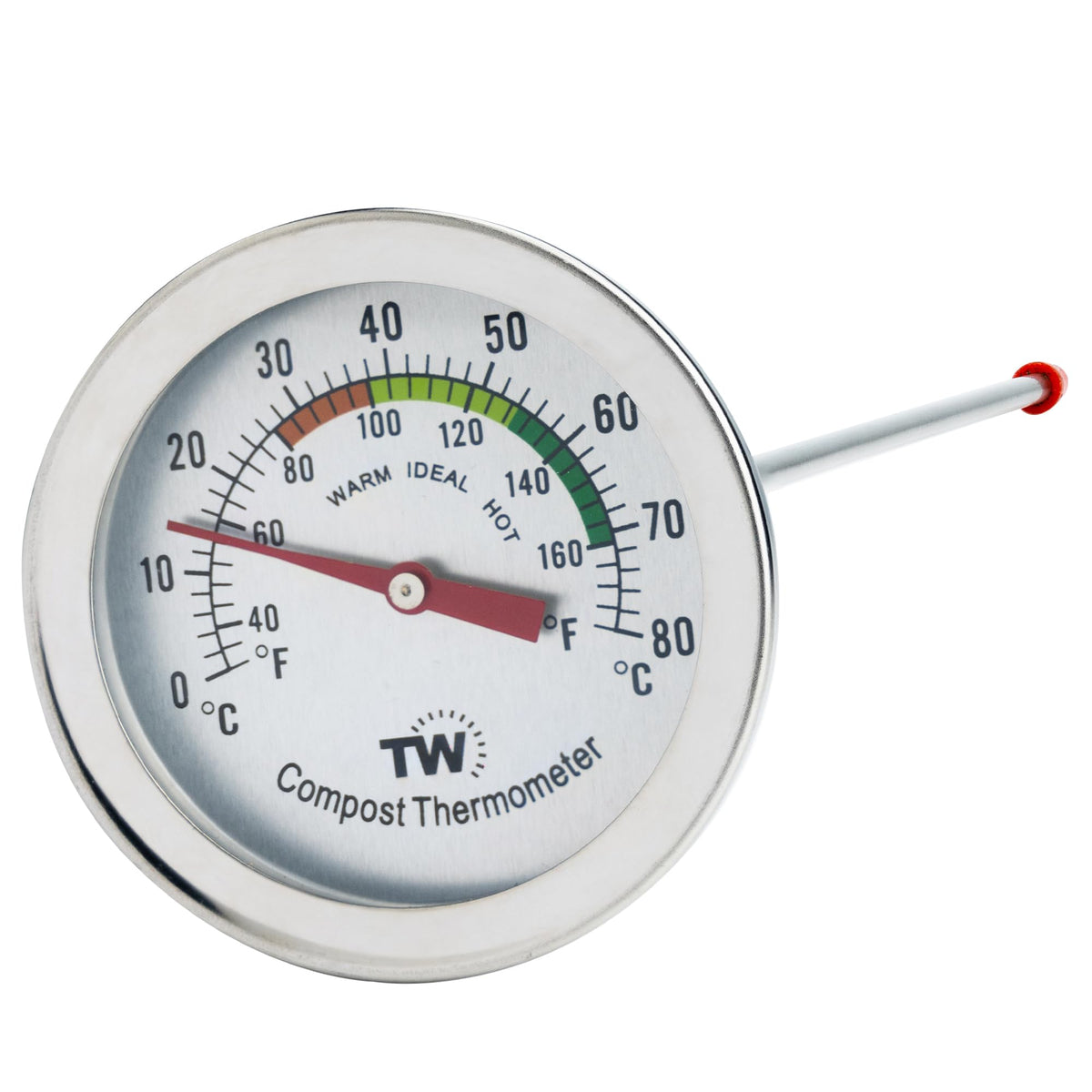 Thermometer World compost thermometer with a 50mm dial for easy readability.