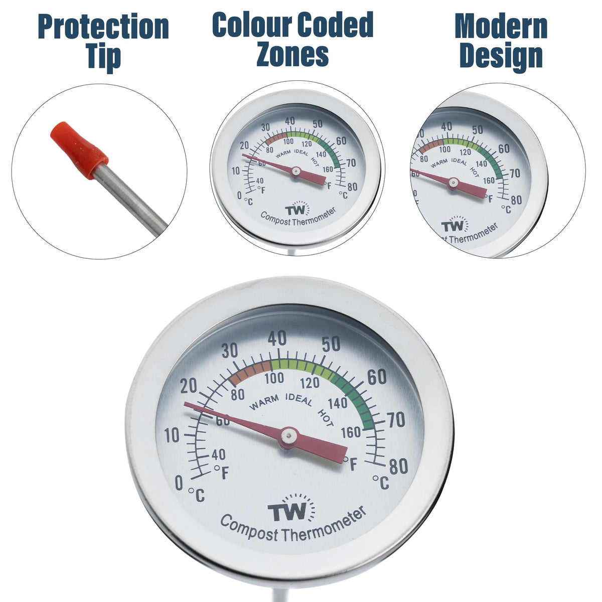 Thermometer World stainless steel body designed for outdoor use.