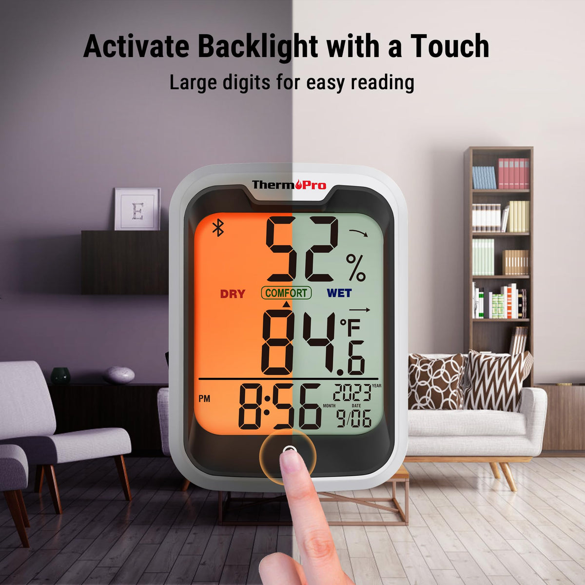 ThermoPro TP358 clock with backlit display reads easily in dark.