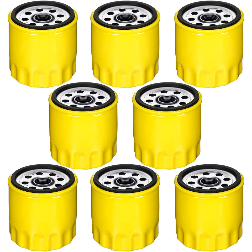 Therwen oil filter 8-pack for quick lawn mower replacements and easy maintenance.