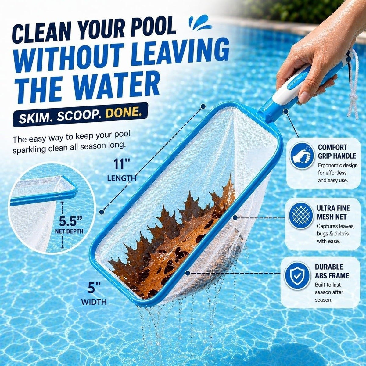 The Skimmie Swim-N-Scoop in-water use with a comfortable grip.