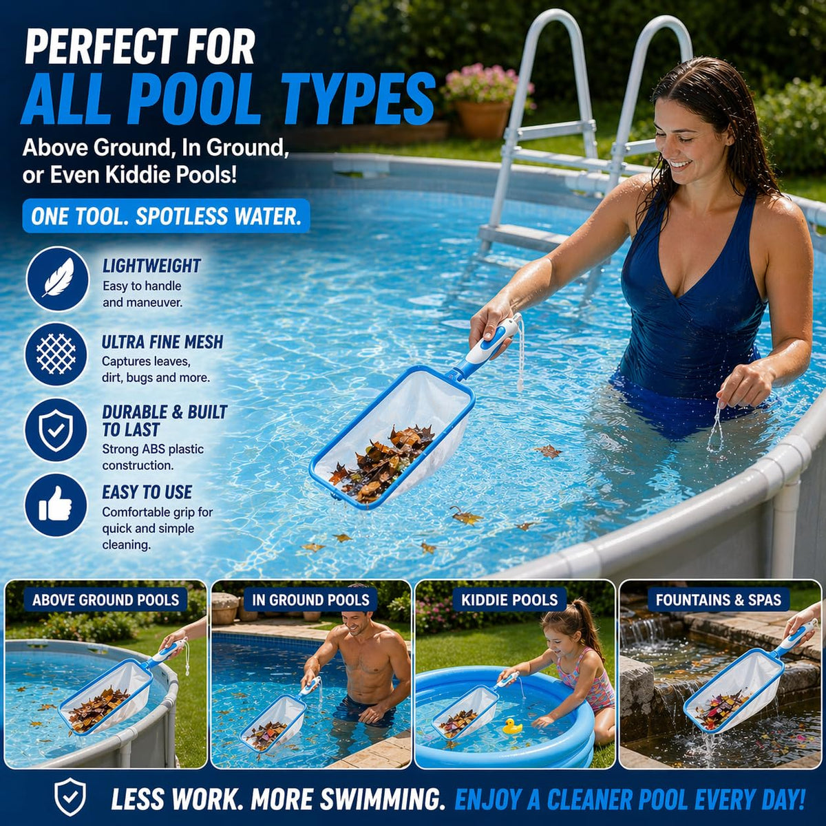 The Skimmie Swim-N-Scoop multi use tool for pools and hot tubs.