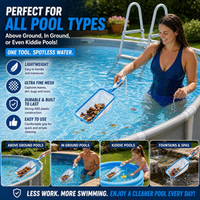 The Skimmie Swim-N-Scoop multi use tool for pools and hot tubs.
