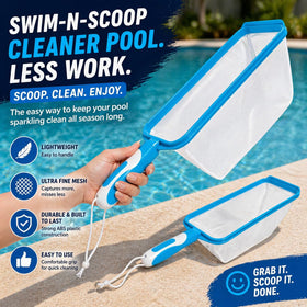 The Skimmie Swim-N-Scoop wide 16x5 inch net for easy reaching.