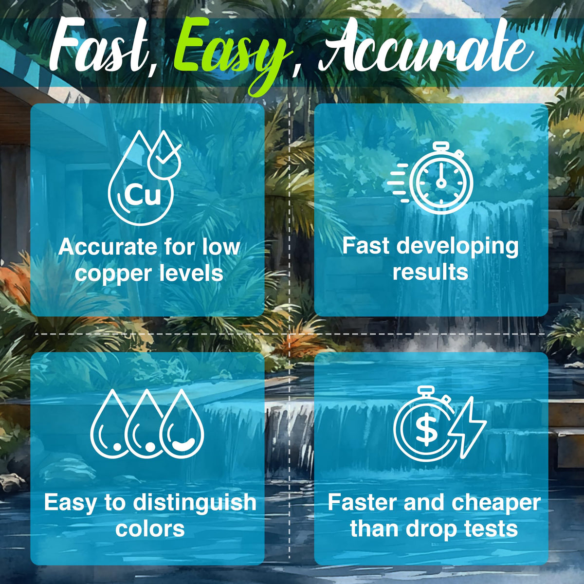 Think Minerals copper test strip with pool-sample demonstrates easy weekly monitoring.