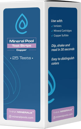 Think Minerals copper test strip beside a test tube for accurate pool copper testing.