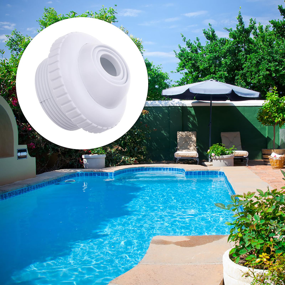 Thinp pool jet nozzle in use in a home pool for balanced water circulation