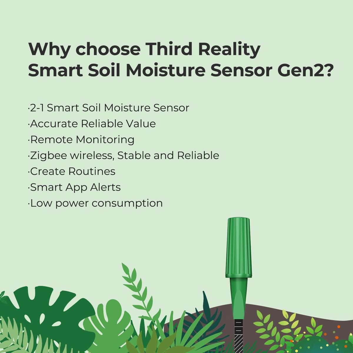 ThirdReality Smart Soil Sensor Gen2 in a garden bed for precise irrigation control.