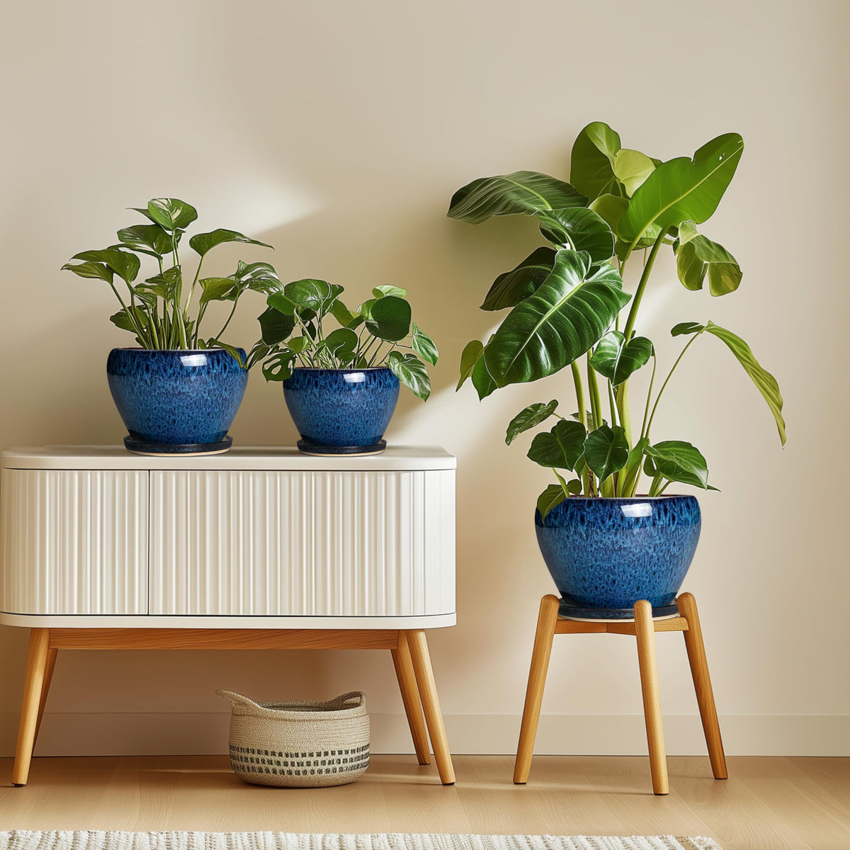 Thirtypot blue planter complements outdoor patio or balcony spaces