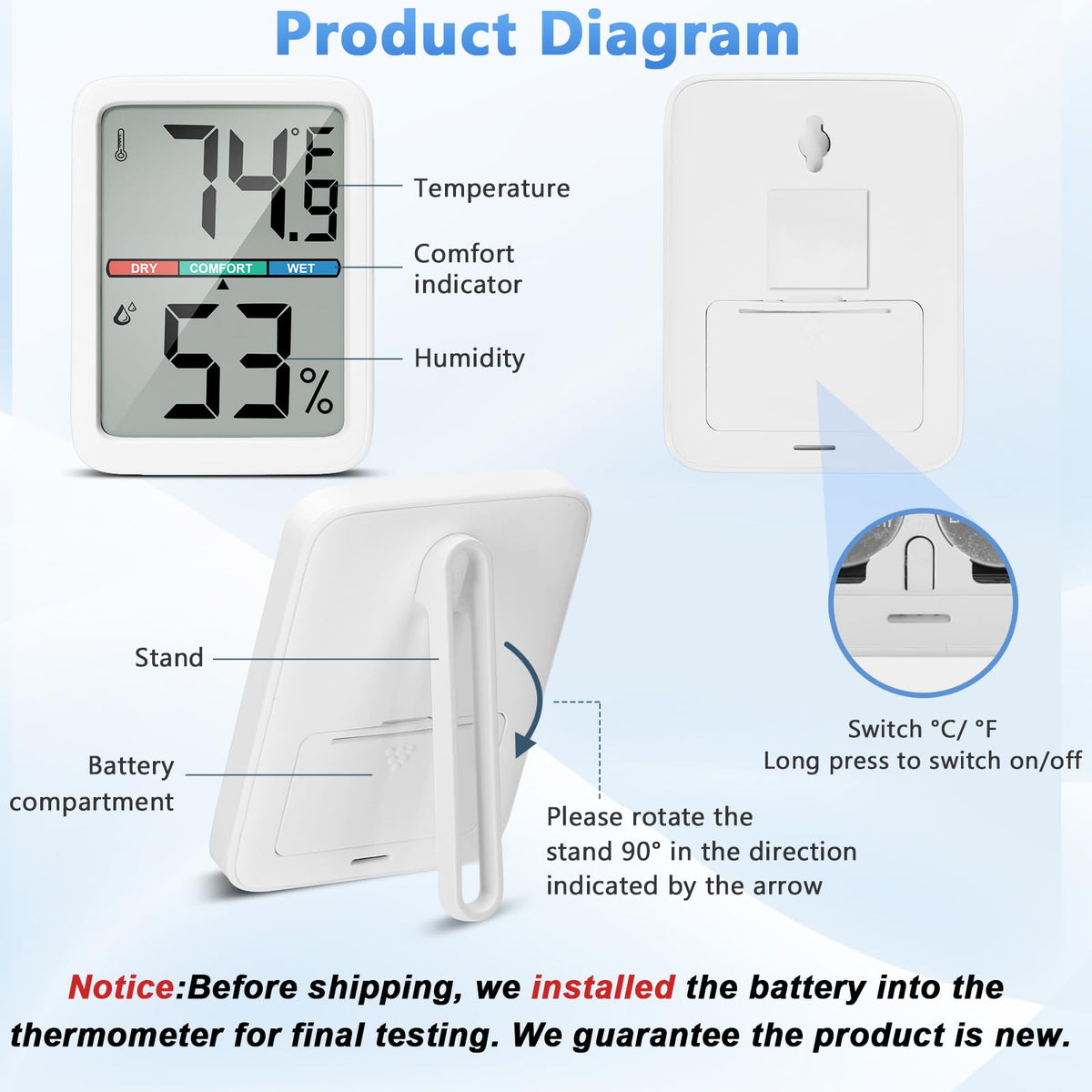 Thlevel thermometer-hygrometer arrives with batteries included