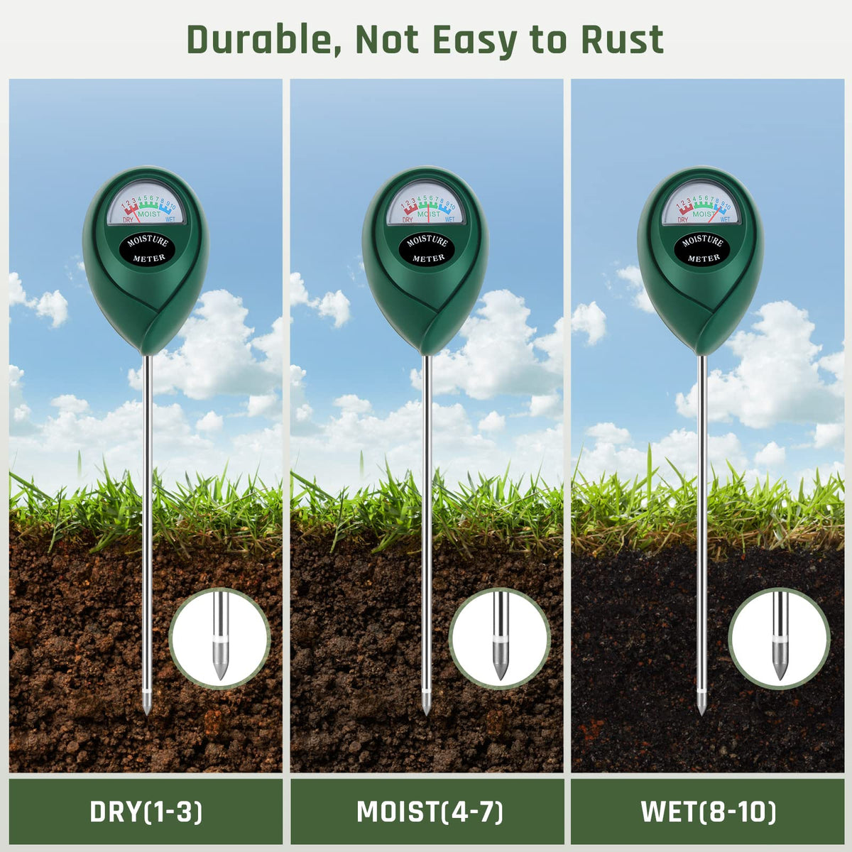 Thlevel moisture meter used in garden and yard for outdoor plant care.