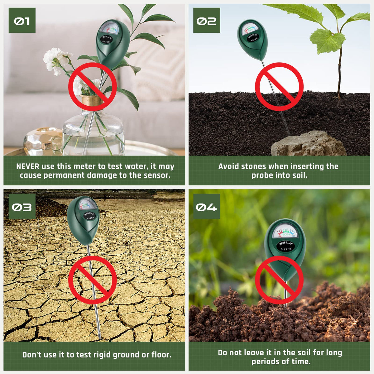 Thlevel meter beside indoor plants for simple watering checks.