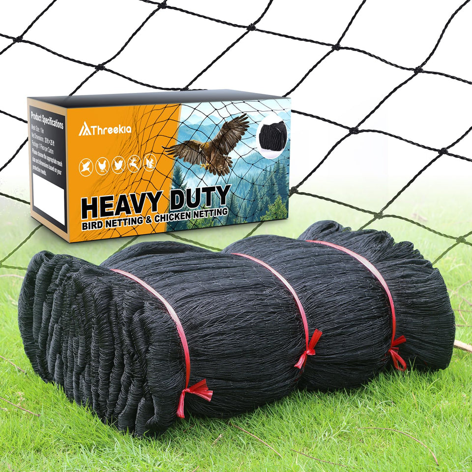 Threekia heavy-duty aviary netting with 1-inch mesh protecting poultry from predators.