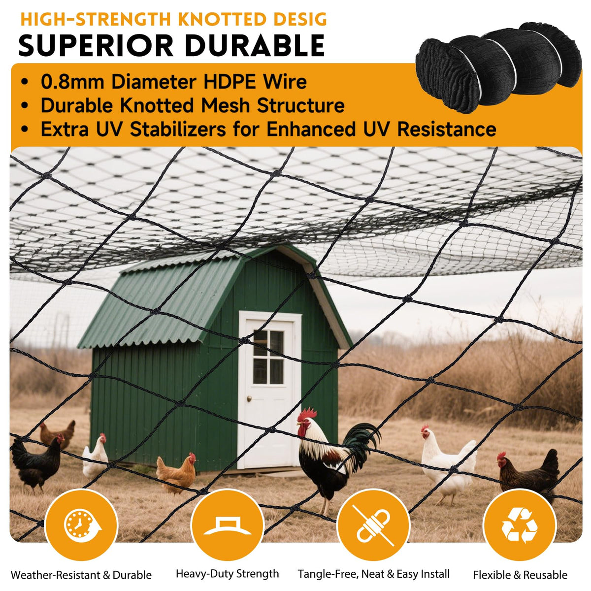 Threekia poultry netting is UV-stabilized for long-lasting garden protection.