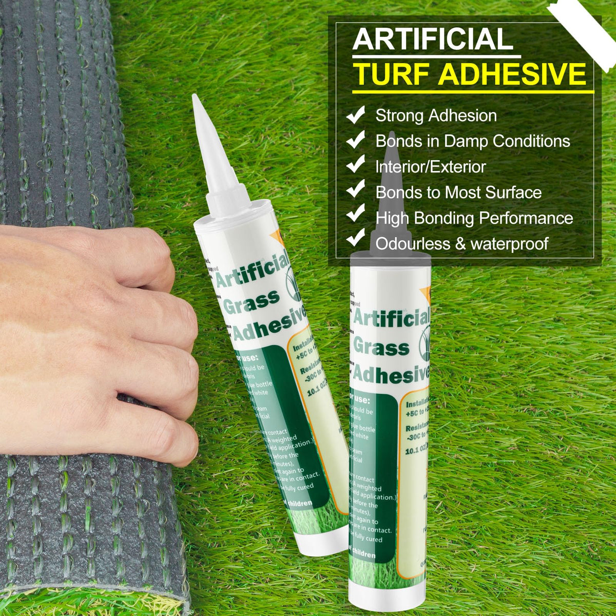 Threlaco indoor-outdoor lawn adhesive suited for balconies, yards, and courts.
