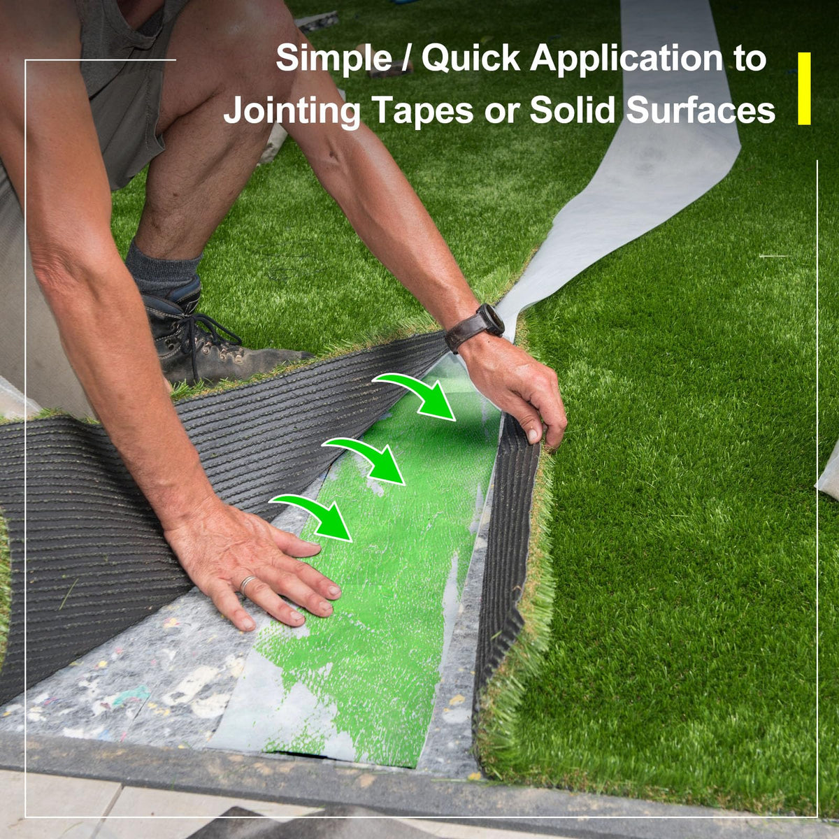 Threlaco turf-glue seam-application demonstrates precise seam placement for a neat bond.