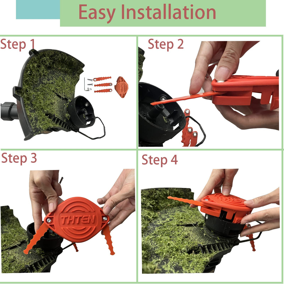 Kit includes eight blades, four screws, one trimmer head, and one wrench for maintenance.