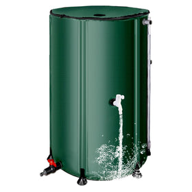 THUNDERBAY 100-gallon rain barrel with a closed top captures rooftop rain for efficient irrigation.