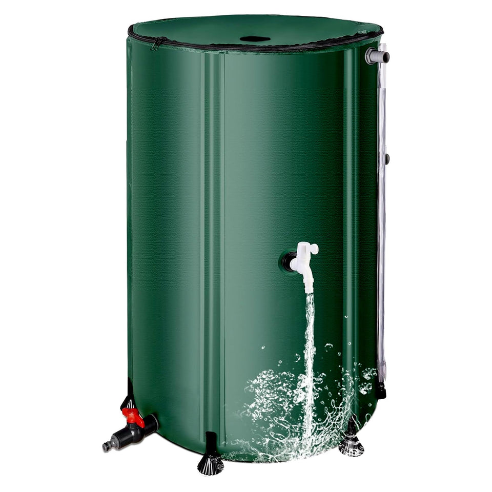 THUNDERBAY 100-gallon rain barrel with a closed top captures rooftop rain for efficient irrigation.