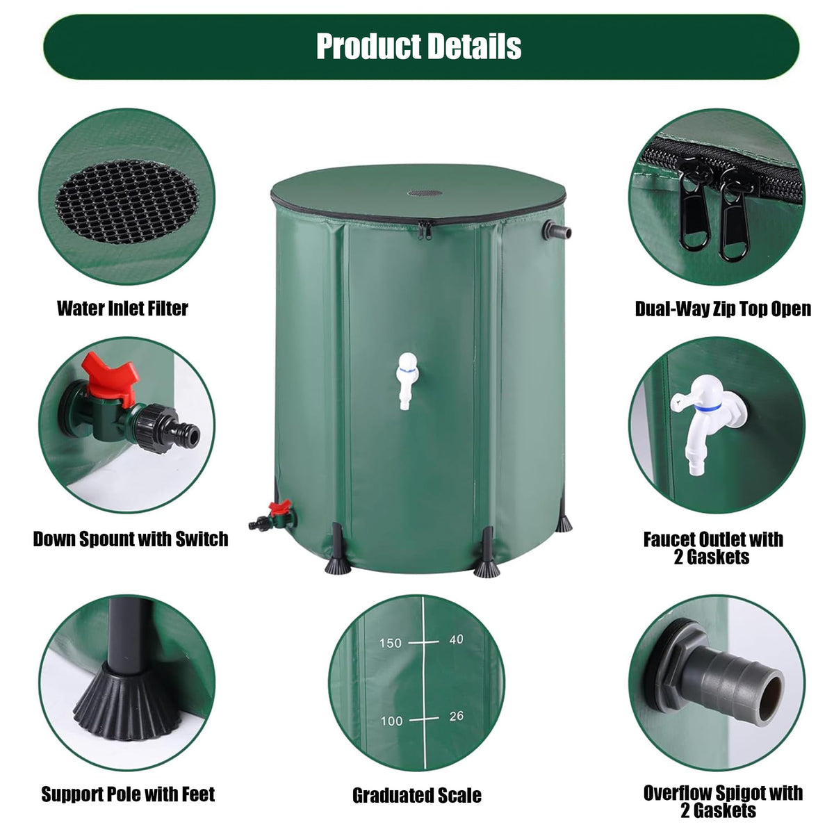 THUNDERBAY downspout connection enables quick rain capture during heavy showers.