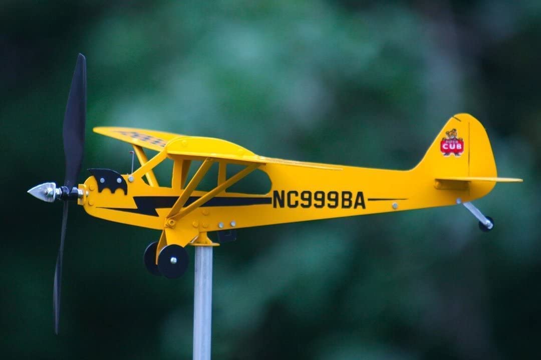 Thyggzjbs Piper J3 Cub weathervane front view enhances garden charm and aviation nostalgia