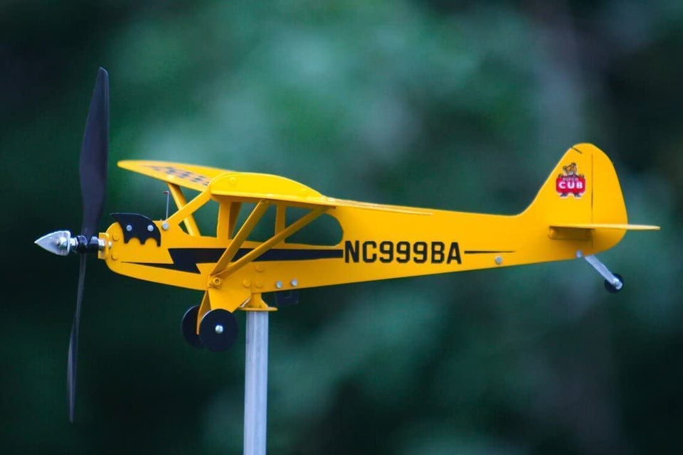 Thyggzjbs Piper J3 Cub weathervane front view enhances garden charm and aviation nostalgia