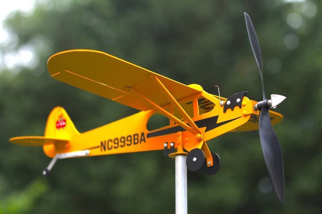 Thyggzjbs Piper J3 Cub weathervane spins with the breeze as kinetic garden art