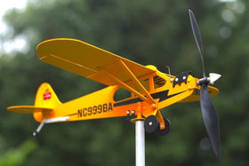 Thyggzjbs Piper J3 Cub weathervane spins with the breeze as kinetic garden art