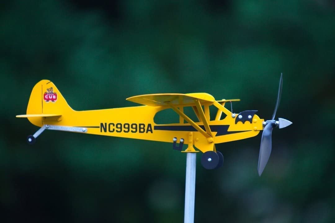 Thyggzjbs Piper J3 Cub weathervane mounted on garden pole for outdoor display