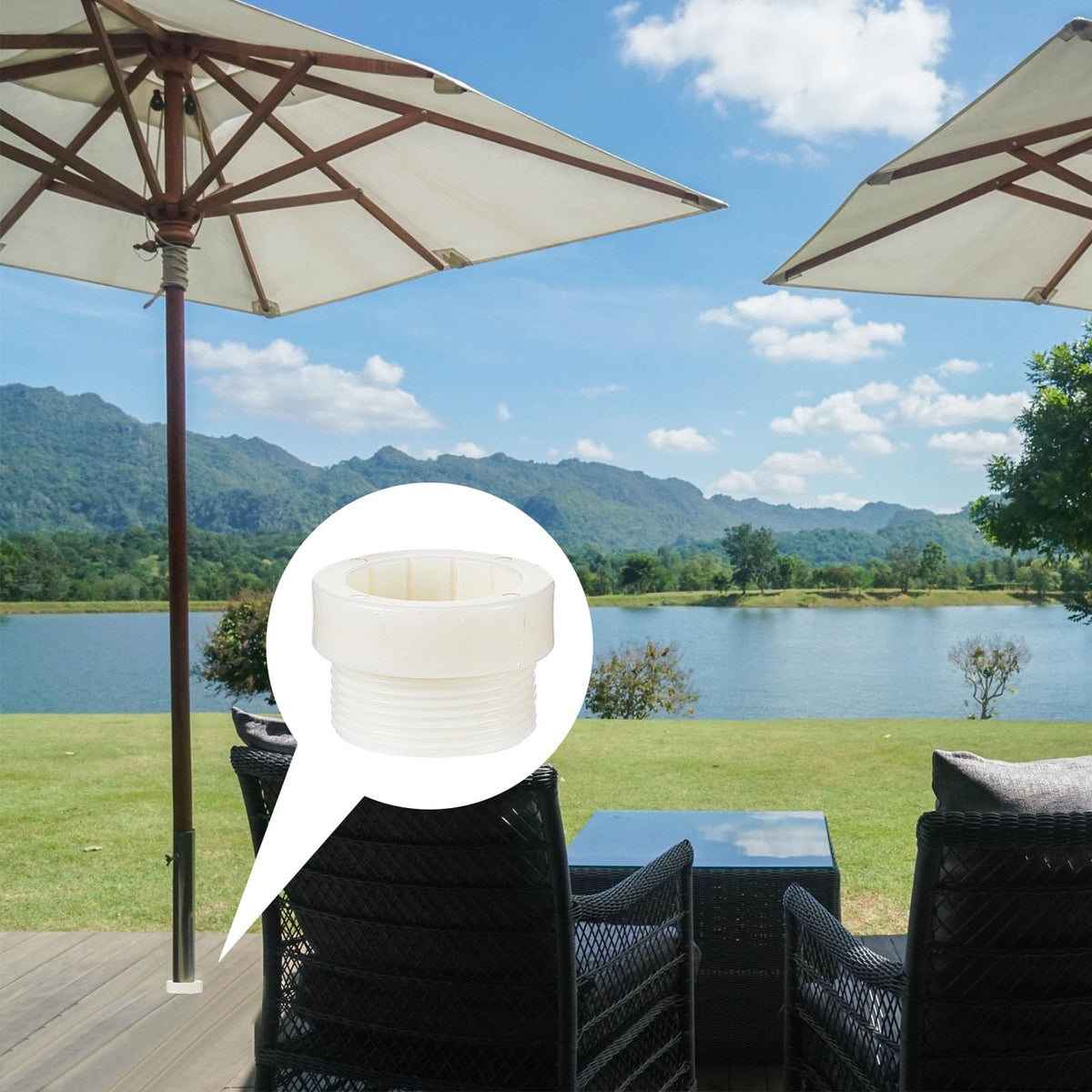 Thyle stabilizer installed on pool umbrella for reduced wobble